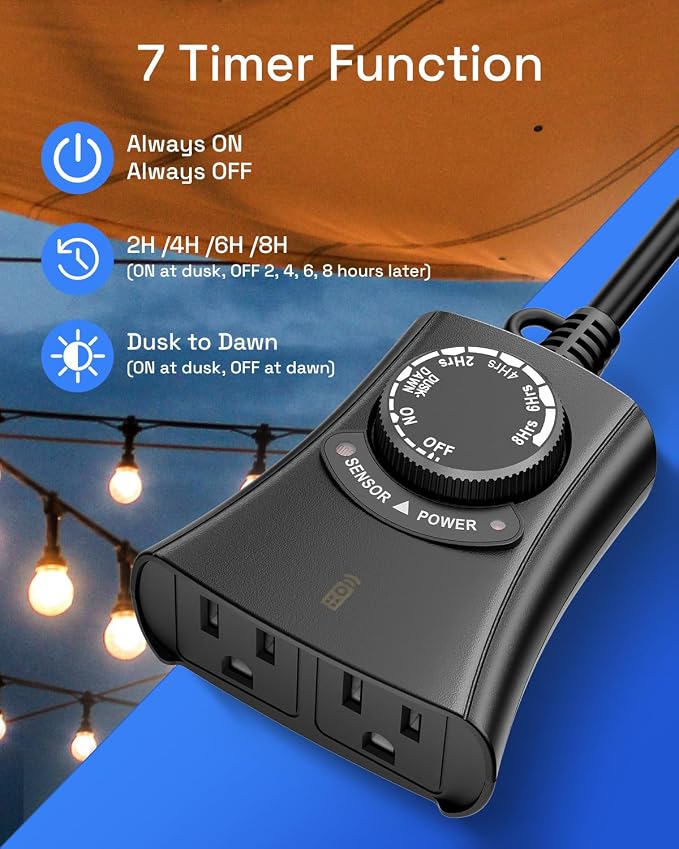 HBN Outdoor Light Timer with Remote Control, Waterproof Light Sensor Timer - Image 2