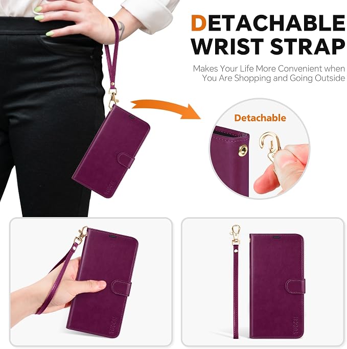 TUCCH Case Wallet for Galaxy S25 Ultra, 2 in 1 Magnetic PU Leather Wrist Strap - Image 6