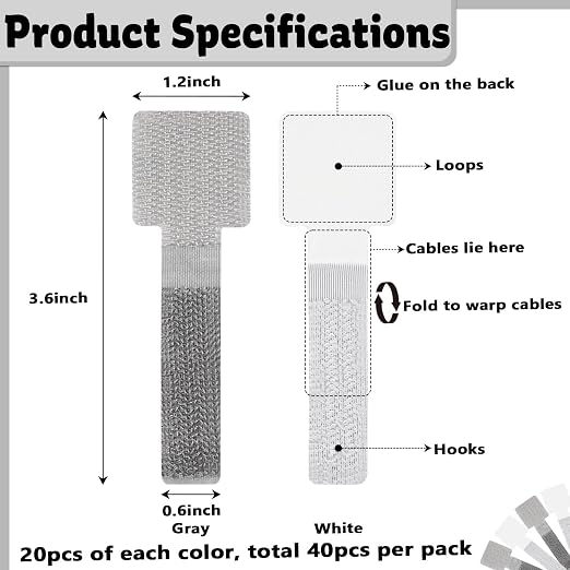 40 PCS Hook and Loop Cable Ties, Self-Adhesive Hook and Loop Cable Straps - Image 2