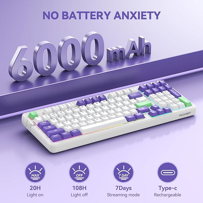 TECKNET Mechanical Keyboard, Tri-Mode BT5.0/2.4GHz/USB-C Hot Swappable Creamy - Image 6