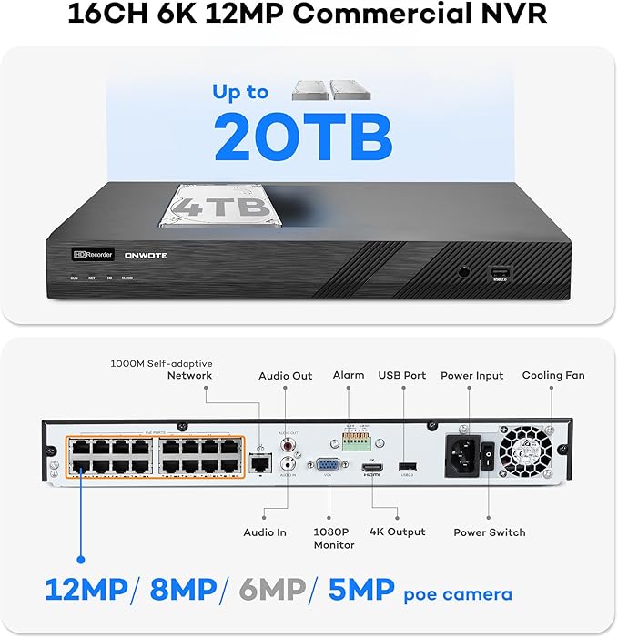 ONWOTE 16 Channel NVR PoE Security Camera System Wired, 12MP 4K 16CH Commercial - Image 3