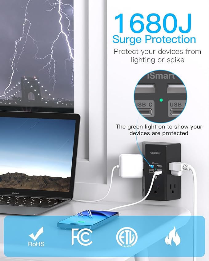 One Beat Surge Protector Wall Outlet Extender, 2 Pack 5 Outlets & 4 USB Ports - Image 4
