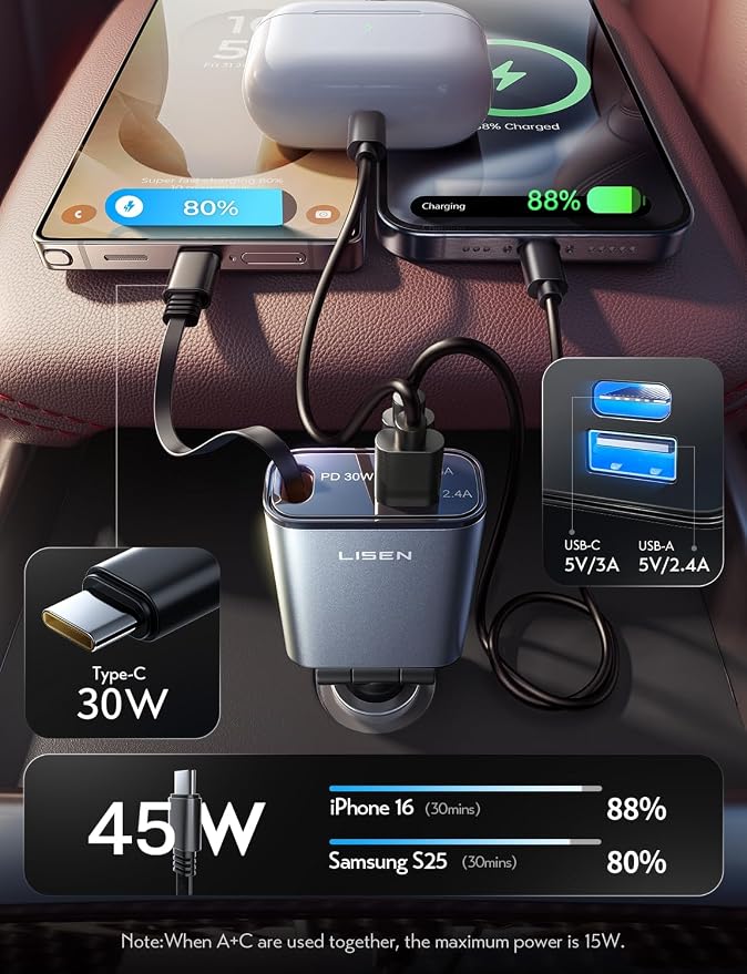 LISEN Car Charger USB C Fast Charging Retractable, 【75% Less, Ultra Mini】 57W - Image 3