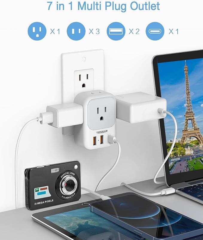 20W PD Multi Plug Adapter, TESSAN 3 USB Wall Charger Multiports, Cube Charging - Image 4