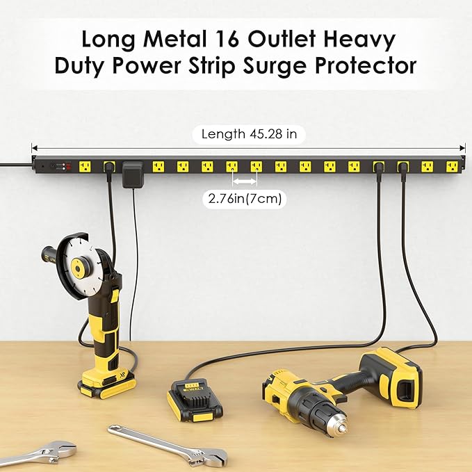 JUNNUJ Long Metal 16 Outlet Power Strip, Wide Spaced Garage Industrial Heavy - Image 2