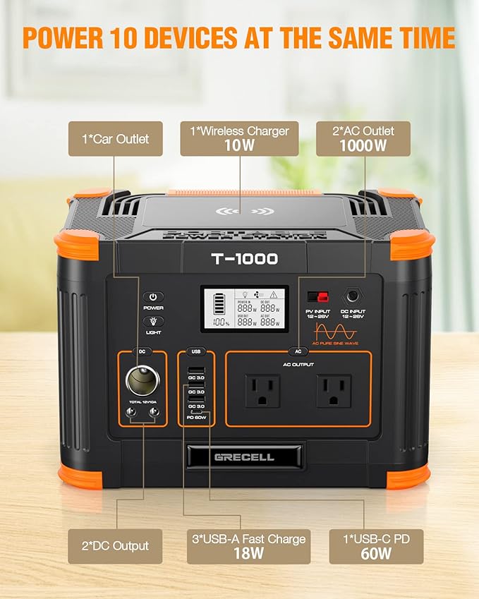 Portable Power Station 1000W, GRECELL 999Wh Solar Generator - Image 2