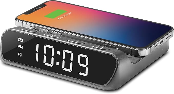 iHome Wireless Charger with Alarm Clock, Compact Digital Alarm Clock by iHome
