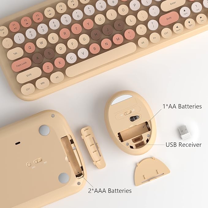 KNOWSQT Wireless Keyboard and Mouse Combo, Light Milktea 100 Keys 2.4 GHz Round - Image 5