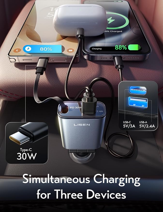 LISEN iPhone 16/15 Car Charger USB C Fast Charging Retractable, 【60% Less Space - Image 3