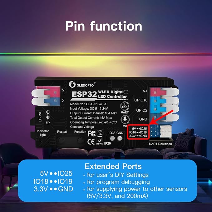 ESP32 WLED LED Strip Light Controller 15A Fuse Link Built in Mic UART Type-C - Image 5