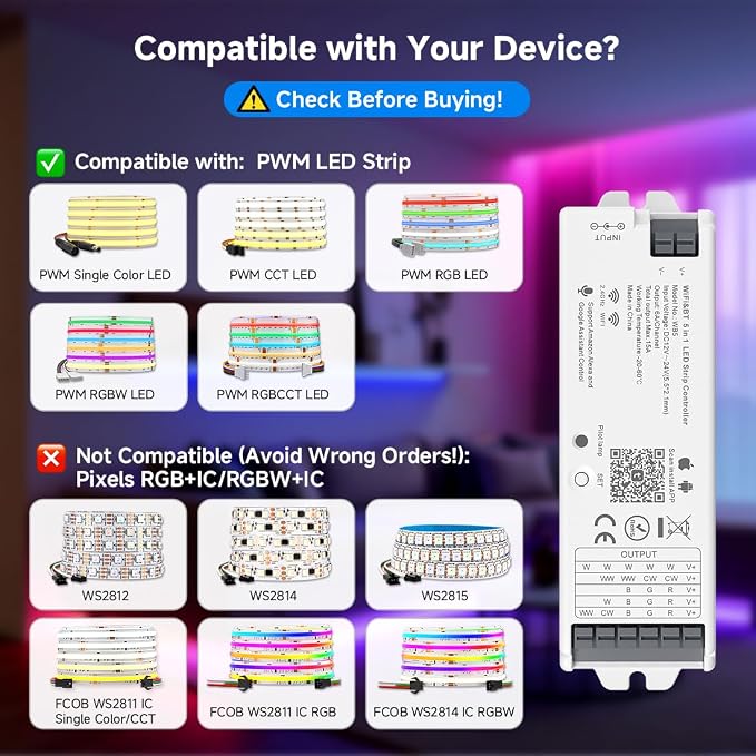 BTF-LIGHTING 5in1 WB5 2.4GHz Tuya WiFi PWM LED Controller Compatible - Image 2