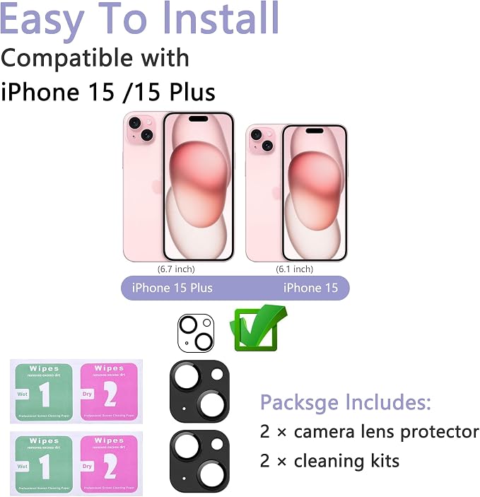 2 Pack Camera Lens Protector for iPhone 15 / iPhone 15 Plus, AR Tempered Glass - Image 2
