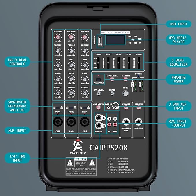 All-in-One 2-Way PA Speaker System DJ Mixer Bundle, 300W 8-Channel Mixer - Image 5