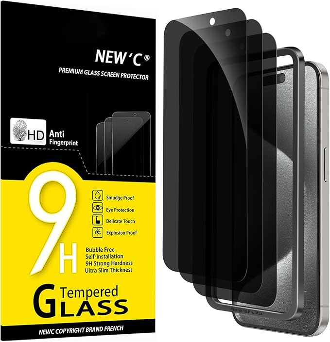 NEW'C 3 Pack Privacy for iPhone 15 Pro Max Screen Protector, Anti-Spy Tempered by NEWC