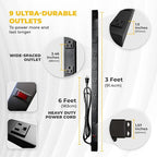 9 Black Verticle Outlets 6 Feet Power Cord Heavy Duty Metal Surge Protector - Image 2