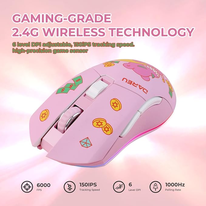 DAREU Pink Wireless Wired Gaming Mouse, Dual-Mode Rechargeable 7 Programmable - Image 5