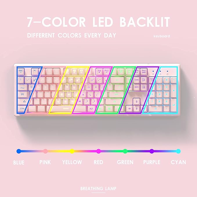 Basaltech Pink Keyboard with 7-Color LED Backlit, 104 Keys Quiet Silent Light - Image 3