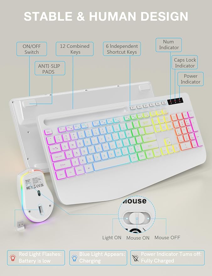 Wireless Keyboard and Mouse Backlits, Wrist Rest, LED Mouse, Rechargeable - Image 8