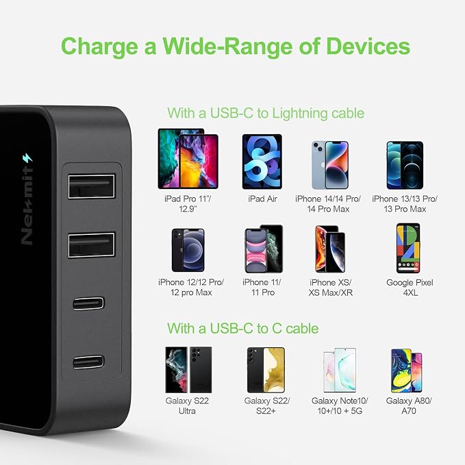 Nekmit USB C Charger, Fast Thin Flat 52W 4-Port Wall Charger - Image 5