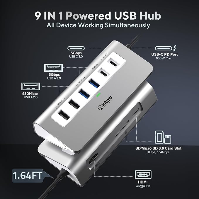 USB C Hub, INTPW 9-in-1 USB C Hub Multiport Adapter - Image 2