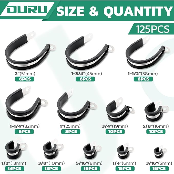 125PCS Cable Clamp, 12 Sizes Stainless Steel Rubber Coated Cushioned Insulated - Image 2