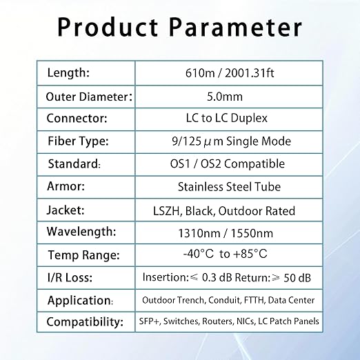 610M/2001FT LC to LC Armored Outdoor Fiber Optic Cable, Single Mode Duplex - Image 6