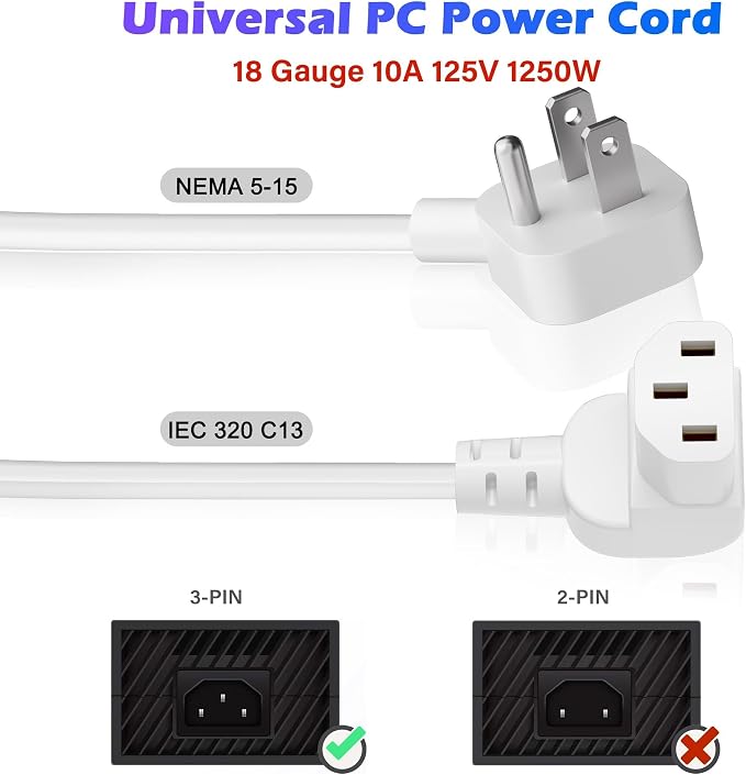 Adoreen 4 Ft Computer TV Replacement Power Cord White, Low Profile Flat Plug to - Image 4