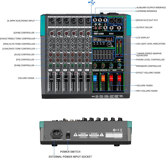 Depusheng MX6 6 Channel Sound Mixer Audio Mixing Console 48V 256DSP - Image 2