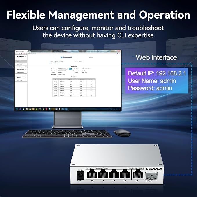 SODOLA 5 Port 2.5Gb Switch Managed, 5X 2.5G Base-T Ports, 1x 10G SFP+, Aluminum - Image 8