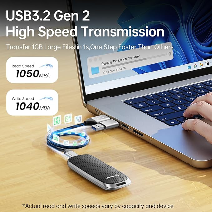 PHIXERO P10PRO External NVMe SSD 1TB, USB 3.2 Gen2, Includes 2-in-1 USB C Cable - Image 2