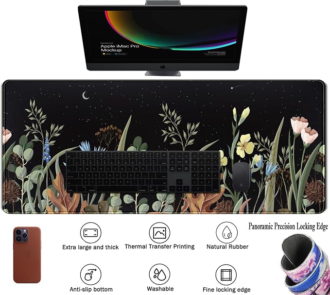 Cute Gaming Black Wild Flowers Desk Mat Mouse Pad Star Moon Floral Mousepad - Image 3