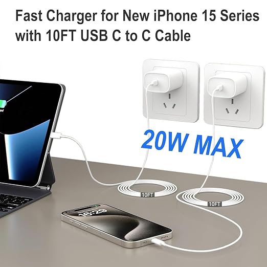 iPhone 15 Charger Fast Charging, 20W USB C Charger Block Plug Brick 10FT USB C - Image 3