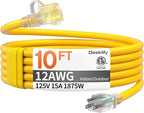 10 FT 12AWG Heavy Duty Outdoor Extension Cord Waterproof by Deeklify