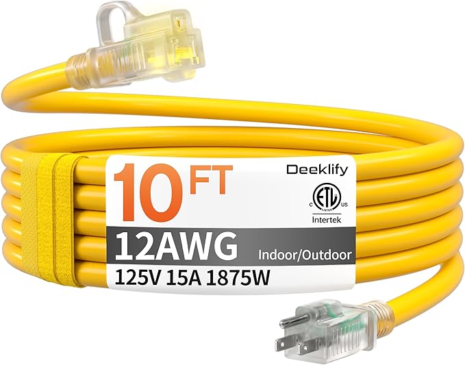 10 FT 12AWG Heavy Duty Outdoor Extension Cord Waterproof by Deeklify