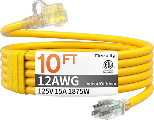 10 FT 12AWG Heavy Duty Outdoor Extension Cord Waterproof by Deeklify