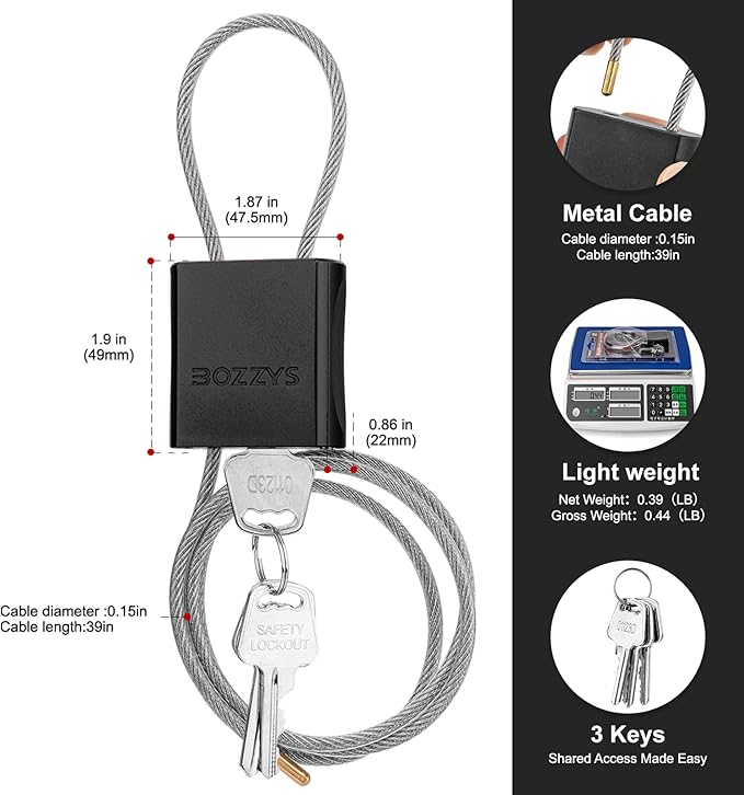 Cable Lock with 3 Keys | L 3.28ft, D 1/6in Adjustable Steel Cable Padlock | - Image 2