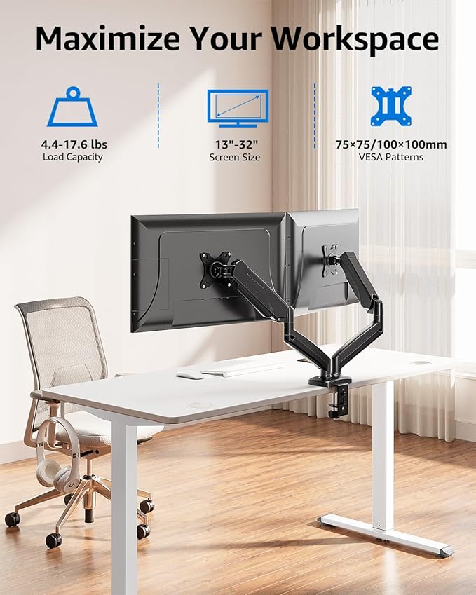 MOUNTUP Dual Monitor Stand for Desk, Pneumatic Monitor Arms for 2 Monitors Max - Image 2