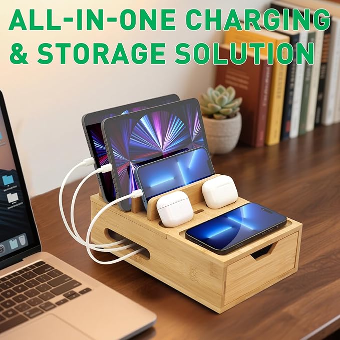 Bamboo Charging Station for Multiple Devices, Desktop Wood Charger Organizer - Image 6