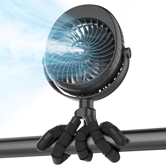 Misting Baby Stroller Fan, 4000mAh Rechargeable Battery Operated, 270°Pivoting by COMLIFE