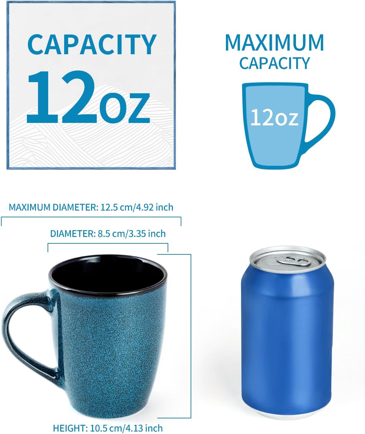 Ceramic Mugs 12oz,Large Ceramic Coffee Cups for Men, Women, Dad, Mom, Modern Coffee Mugs With Handle For Tea,Latte,Cappuccino,Cocoa. (blue 4pack)