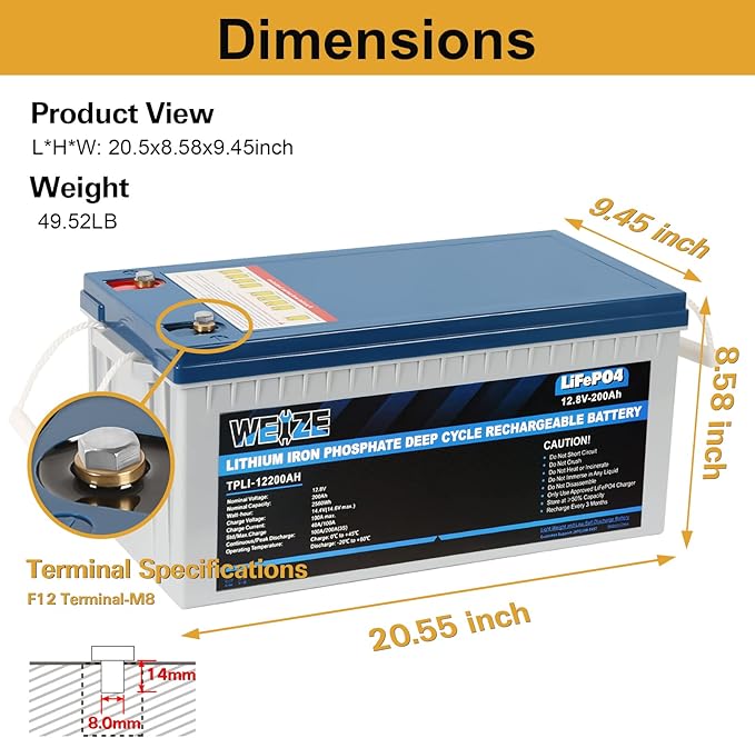 Weize 12V 200Ah LiFePO4 Lithium Battery, Built-in Smart BMS, 8000+ Deep Cycles - Image 2