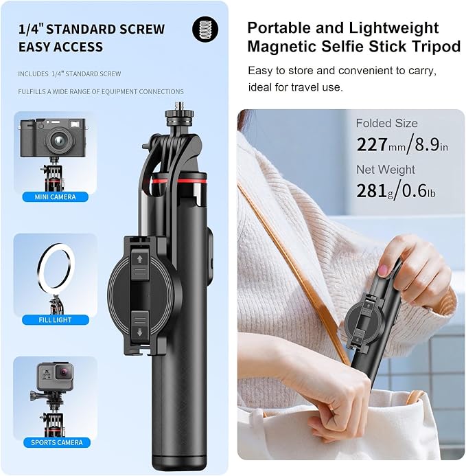 Magnetic Selfie Stick Tripod for iPhone, Travel Selfie Stick for iPhone 16 15 - Image 6