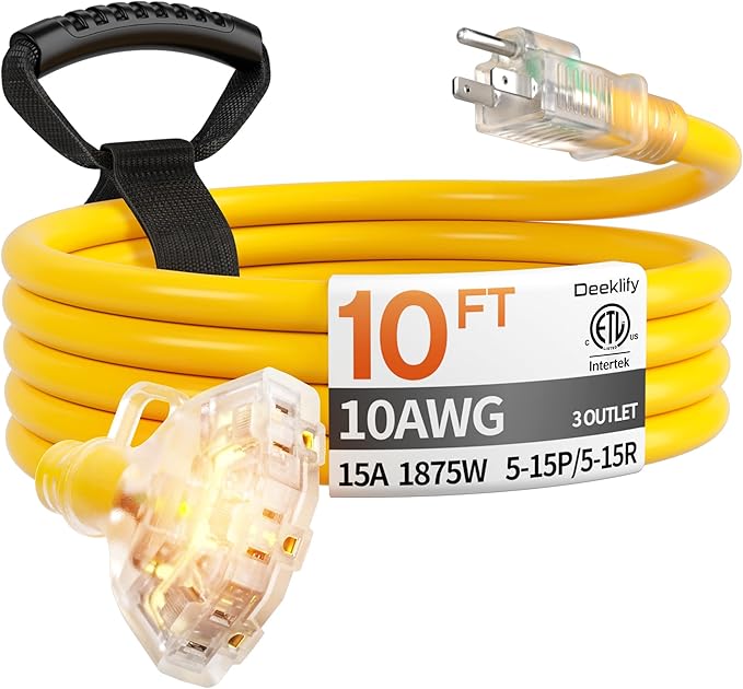 10 ft 10 Gauge Heavy Duty 3 Outlet Extension Cord Splitter by Deeklify