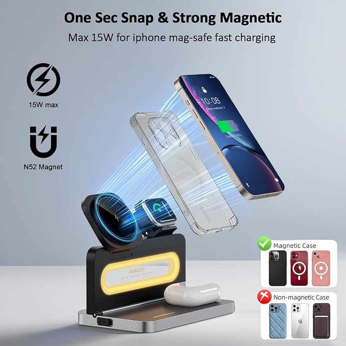 4-in-1 Wireless Charger with Adjustable Night Light, Magnetic Foldable Stand - Image 3
