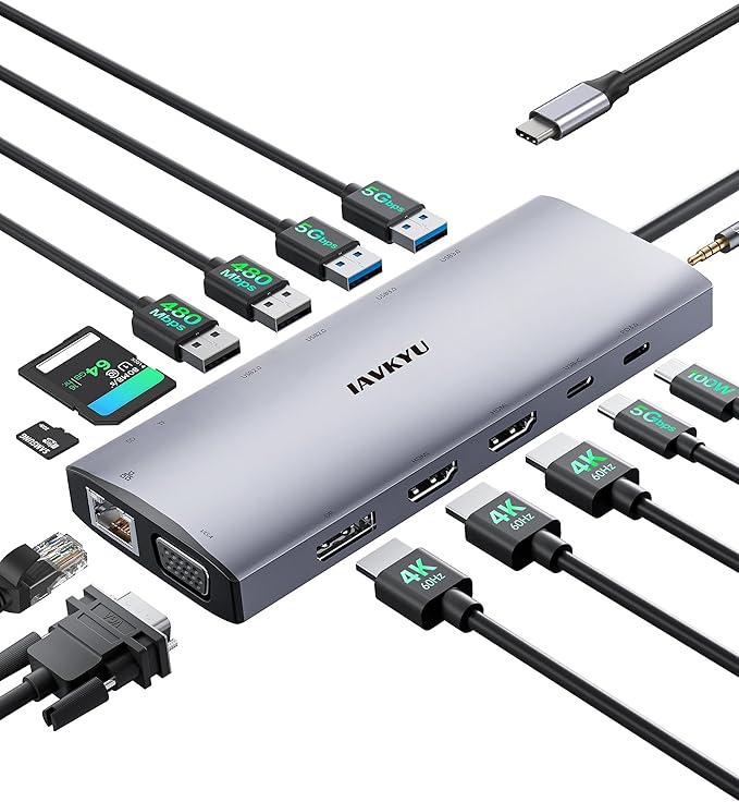 USB C Docking Station 4 Monitor, 14 in 1 Laptop Docking Station 3 Monitor Quad by iavkyu
