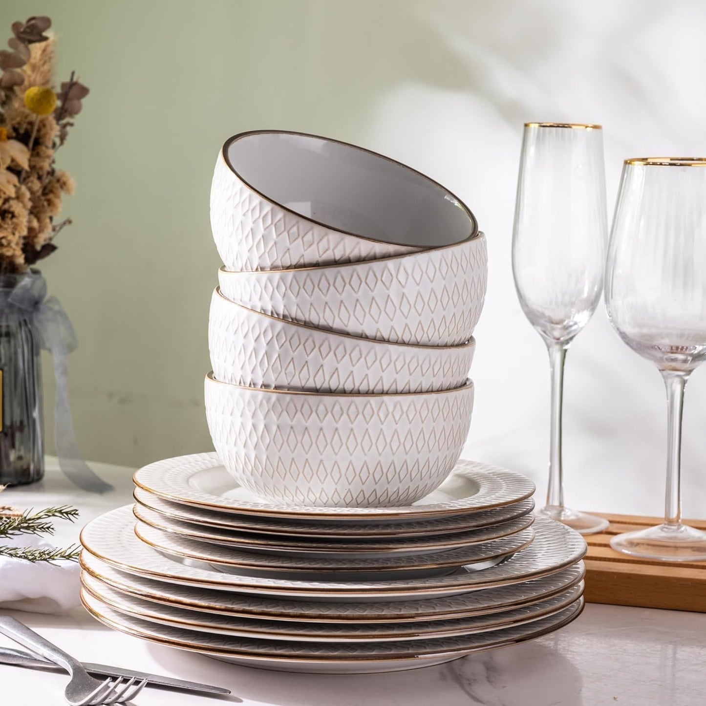 GBHOME Ceramic Dinnerware Sets,18 pcs Embossed Elegant Stoneware Plates and Bowls Sets, Housewarming Wedding Gift | Dishwasher & Microwave Safe | Dishes Set Service for 6