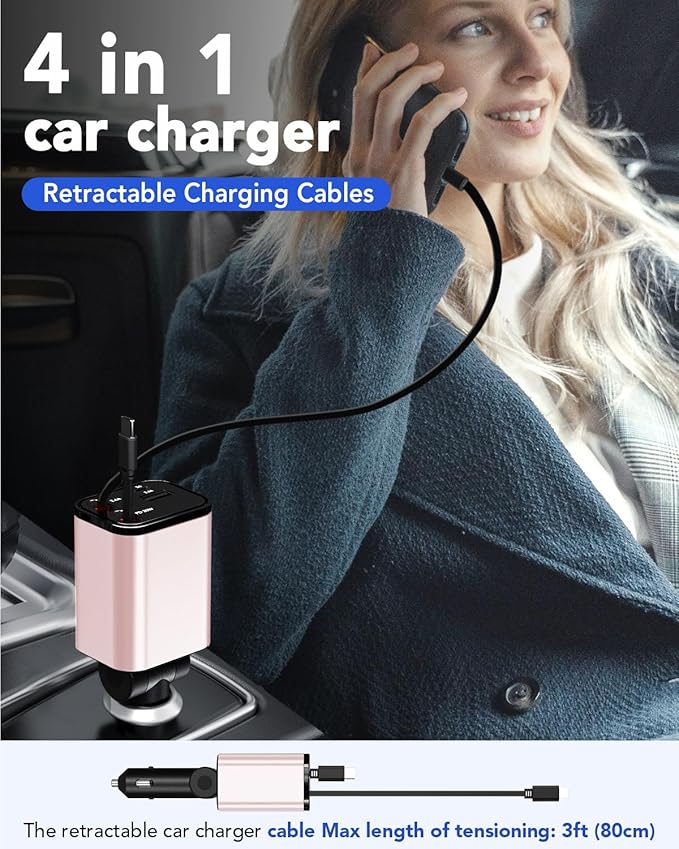 Retractable Car Charger, 4 in 1 Fast Car Phone Charger 69W, 2 Retractable - Image 5