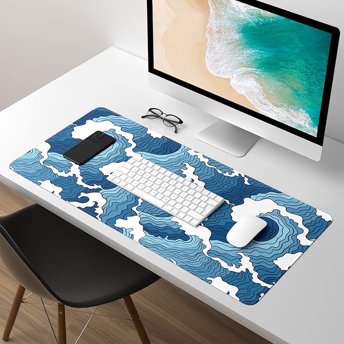 Extended Gaming Mouse Pad, Japanese Blue White Wave Mousepad, XL Large Mouse - Image 7
