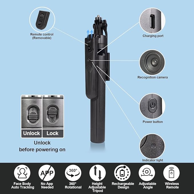 Extendable Auto Face Tracking Phone Tripod Stand, 360° Rotation Selfie Sticks - Image 2