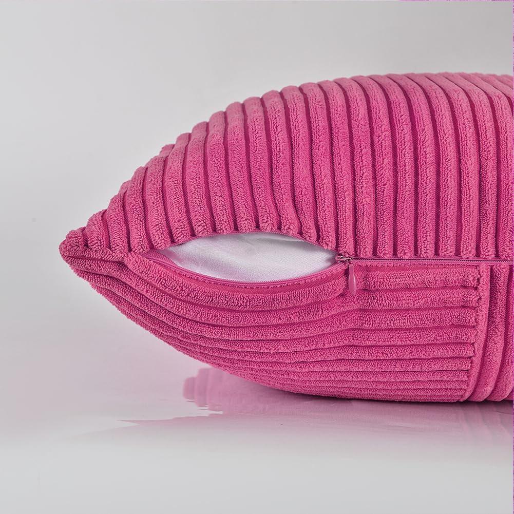 Fancy Homi 2 Packs Hot Pink Long Lumbar Decorative Throw Pillow Covers 12x24 Inch for Couch Bed Sofa, Rustic Farmhouse Boho Home Decor, Soft Striped Corduroy Rectangle Accent Cushion Case 30x60 cm